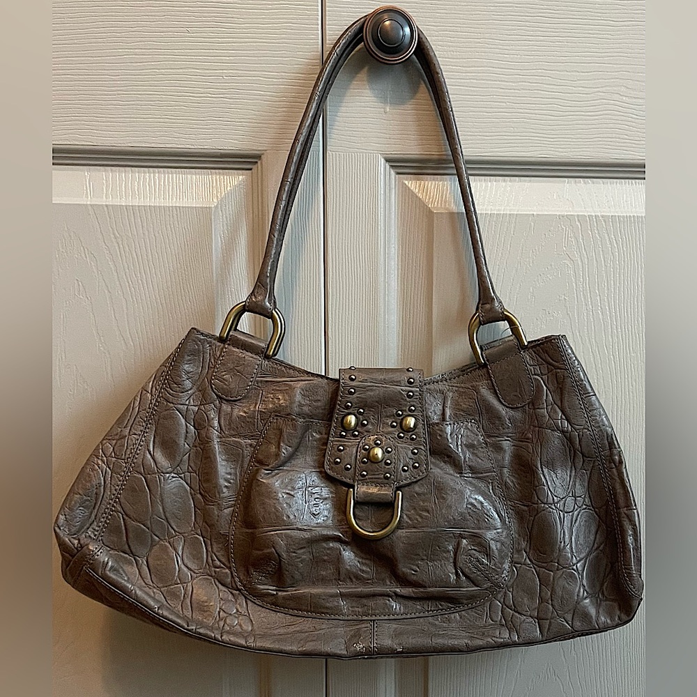 Kate Landry Athene Jurassic Croc Embossed Leather Stone Color Bag
